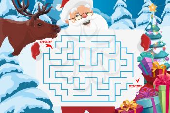 Santa with maze or labyrinth game vector template of children education. Christmas logic puzzle or riddle with square labyrint map, help reindeer find way to Xmas tree with gift boxes and lights