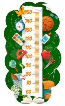 Kids height chart with school book and bag, stationery and sport items. Children height centimeters scale, child height chart or kids growth meter with basketball ball, paint and paints, schoolbag