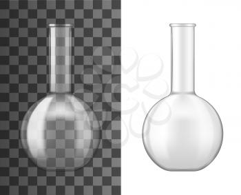 Laboratory glass flask or beaker 3d vector design of chemical lab glassware equipment. Realistic empty boiling flask of chemistry science experiments, biology or medicine tests, pharmacology research