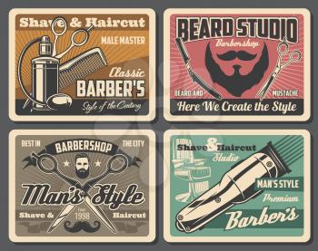 Barbershop professional salon, barber shop hairdresser premium vintage posters. Vector gentleman and hipster beard and mustaches, barber shop chair, shaving razor blade, hair comb and barber scissors
