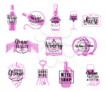 Wine shop, winemaking house and restaurant menu lettering calligraphy. Vector winery grand reserve wooden barrel, sommelier school and wine production compny, bottle corkscrew and grapes vineyard