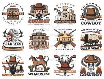 American Western icons, rodeo show and cowboy saloon, bandit revolver and Indian chief. Vector Wild West signs of sheriff star, horse lasso and longhorn bull skull, bandit revolver gun and stagecoach