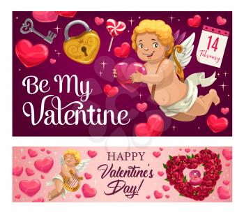 Cupids with Valentines Day hearts and romantic love gifts vector design, Be My Valentine greeting cards. Amur angels, wedding ring and rose flowers, candy, calendar and key, love arrows and harp