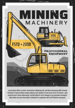 Coal production, mining industry professional equipment and machinery bulldozer vintage retro poster. Vector coal extraction factory, excavation mining and transportation