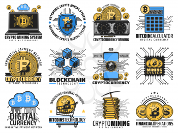 Bitcoin cryptocurrency blockchain, digital money mining and crypto coin technology icons. Vector cryptocurrency computer block chain network, bitcoin calculator and mobile web payment system
