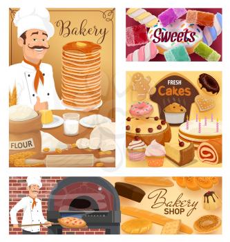 Bakery shop bread, baked desserts and pastry sweet cookies. Vector baker man in chef hat at kitchen oven kneading dough, cooking pizza and patisserie cakes, croissants, wheat bagel buns and donuts