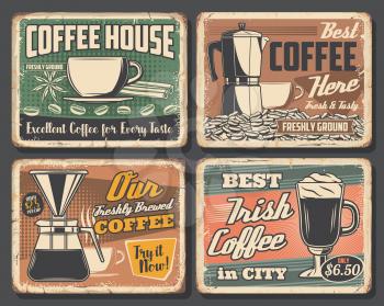 Coffee house retro grunge posters, cafe hot drinks signs. Vector coffeehouse portafilter, Irish coffee and espresso cup, americano and cappuccino from premium quality ground coffee beans