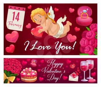 Valentines Day Cupids, romantic holiday gifts and love hearts vector greeting banners. Wedding ring, chocolate cake and rose flowers bouquet, love letter envelope, calendar and Amur with arrow and bow