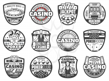 Casino and poker club vector badges of gambling games design. Casino roulette wheels, chips and dice, play cards, slot machine and jackpot 777, money, horseshoe and croupier, joker and diamond symbols