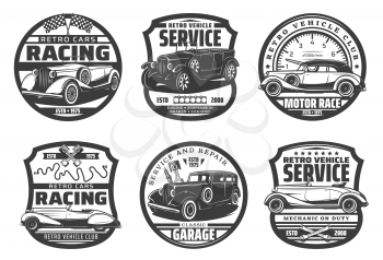 Retro cars of motor racing, auto repair service and mechanic garage vector badges. Vintage vehicles with spare parts, engine pistons, spanner and wrench, spark plugs, racing flags and speedometer