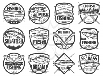 Fish, fishing rod and hook vector badges of fisherman club design. Ocean tuna, salmon and sea bass, river pike, catfish and carp, mackerel, dorado and anchovy, trout or cod symbols with fishing tackle