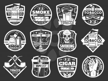 Cigarette and cigar badges of tobacco and smoke shop vector design. Cigarette packs, lighters and smoking pipes, skull, tobacco leaves and ashtray, vape, hookah and cigar cutter monochrome icons