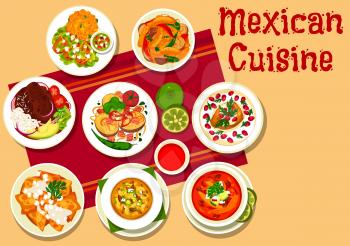 Mexican vegetable meat soup pozole, tacos and fajitas vector design. Stuffed pepper, tomato soup with tortilla chips, nachos with mozzarella, beef rice with chilli sauce and potato with bacon, spinach