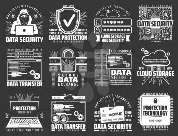 Data protection, internet security and secure data exchange vector icons of internet technology design. Computer, laptop and lock, cloud storage, shield and key, database firewall, hacker and padlock