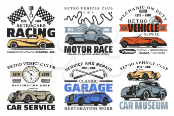Retro car badges of auto repair service, vintage vehicle racing and mechanic garage vector design. Automobile and spare part icons of engine pistons, brake pads, racing flags and suspension springs