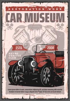 Retro car and spare parts vector design of auto repair service and vintage vehicle club. Internal combustion engine of old automobile, crossed pistons and wheels poster, mechanic garage restoration
