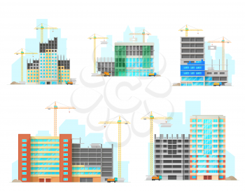 Buildings construction site, vector flat icons. Unfinished house and skyscrapers under construction process. City commercial and residential real estate building industry, cranes and cement trucks