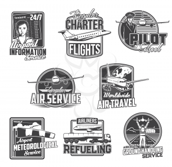 Airline and airport service, civil aviation vector icons. Pilot school and private jet charter flights company sign, meteorological service, worldwide air travel and airport information desk