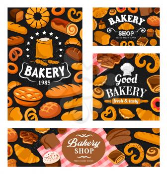 Bakery shop bread, pastry and desserts, vector banners. Baker chef toque hat and flour bag, bakery sweet cakes and pies, cookie desserts, croissant and baguette bread, wheat loafs and biscuits