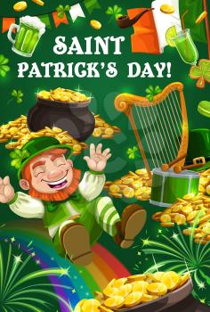 Happy Saint Patrick day poster, Irish holiday celebration party. Vector Ireland flags of Saint Patrick day, leprechaun with gold coins pot and rainbow, shamrock clover leaf and beer pint mug