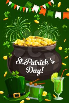 St. Patricks day lettering and pot full of golden coins. Vector Irish national holiday symbols, fireworks and rain of money, leprechauns hat. Drum with drumsticks, garlands in color of Irish flag