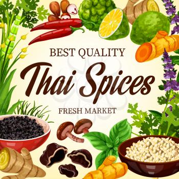 Thai cooking spices, herbs and Asian cuisine herbal seasonings, farm market poster. Thai food flavorings, lemongrass and green peppercorn, basil and parsley herbs, chili pepper, curry and garlic spice