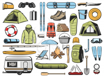 Travel, fishing and camping equipment isolated icons. Vector hiking snowboard and skis, travel trailer and tent, inflatable boat and rubber boats, ackpack, fishery gear, campfire and sleeping bag, van