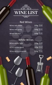 Wine list vector menu template of red and white grape alcohol drinks. Wine bottles, glasses, corks and corkscrew frame border, decorated with vintage vignette, winery, restaurant and bar design