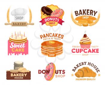 Bakery and pastry shop vector icons. Wheat bread, baguette and croissant, cake, cupcake, donuts and pancakes, flour and dough with chocolate, cream and glaze, decorated with baker hat and rolling pin