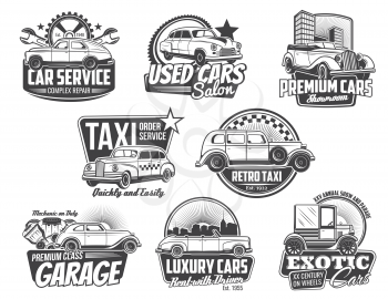 Vintage car and auto repair service spare part vector badges. Retro automobiles with vehicle engine piston, mechanical gear, spanner and wrench icons, mechanic garage, taxi, used cars salon emblems