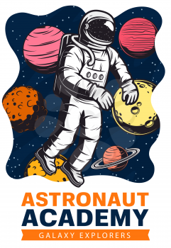 Astronaut in space with planets and stars vector design of galaxy exploration and astronomy science. Spaceman traveling in outer space with spacesuit and helmet, Moon, Saturn and Mars, Venus, Jupiter