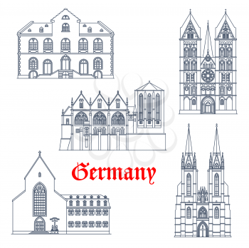 Germany landmarks architecture, German travel icons of Marburg in Hesse, vector. German landmark buildings of Wiesbaden rathaus and Limburg cathedral, Elisabethkirche and Saint Sebastian church