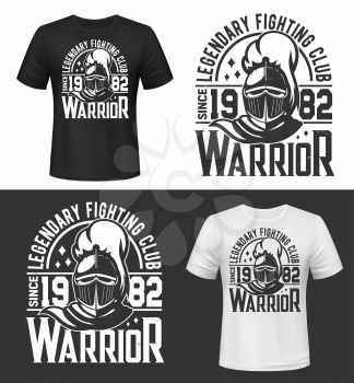 Tshirt print with knight head vector mascot for fighting club. Apparel mockup with roman or greek gladiator soldier or warrior in helmet with plumage and cape. T shirt mock up template with typography