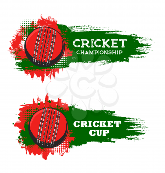 Cricket championship cup, sport game club vector banners. Cricket ball emblem for team league tournament or fan club emblem on green halftone paint splash background, t-shirt badge