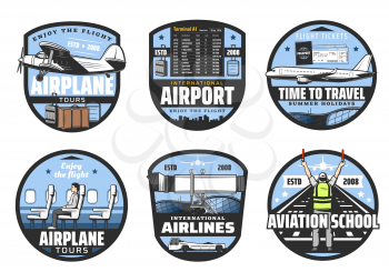 Vector flight tickets, travel, airlines and aviation school icons. Boarding pass and waiting hall, terminal, list of departures and arrivals. Airplane tours, international airport isolated symbols
