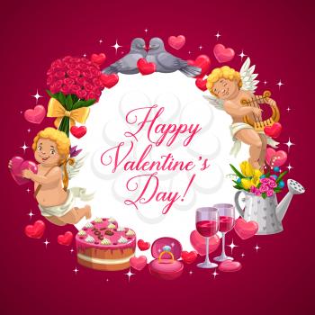 Valentines day love message with cupid arrows, hears and ring in red flowers. Vector Valentines holiday pink roses, cartoon angel cupid with golden bow and harp on cloud