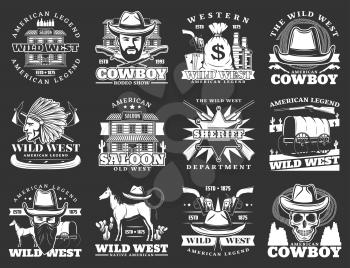 Wild west isolated icons. Vector cowboy american legend, western saloon, sheriff department, crossed revolvers, pistol gun. Wagon cart, native indian, horse and skull in hat, drinks and treasures