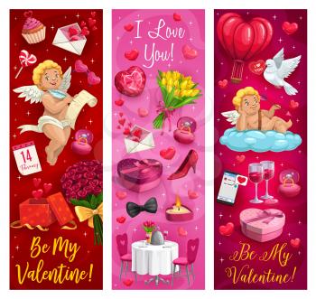 Cupids, Valentines Day holiday gifts, love arrows and hearts romantic love vector banners. Chocolate cake, ring and balloons, amurs, flower bouquet and letter, calendar, candies