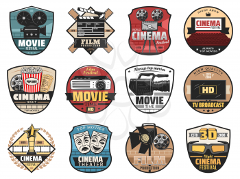 movie, film and cinema vector icons. Film production studio, movie festival, night cinema premier, TV broadcast, HD video camera, clapperboard, projector, tickets and popcorn snacks, cinematography