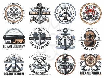 Nautical icons of sea travel and ocean adventure vector design. Ship anchor, rope and chain, marine sail boat, compasses and diving helmet, lighthouse, sailor sword and naval cannon heraldic badges