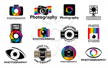 Photo studio camera with lens shutter vector icons. Digital and vintage photography cameras, professional photographer equipment and photographic film stripes, photo and creative studio emblems design