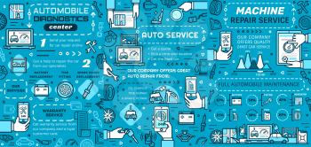 Auto service and car repair shop vector infographics. Charts and graphs of automobile diagnostics and maintenance with icons of vehicle spare parts, engine and wheel tire, motor oil, battery, wrench