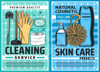House cleaning and hygiene tools, detergents and skin care cosmetic products. Vector sponge, soap, toilet paper and gloves, shower gel, shampoo, plunger and brush posters of cleaning service design