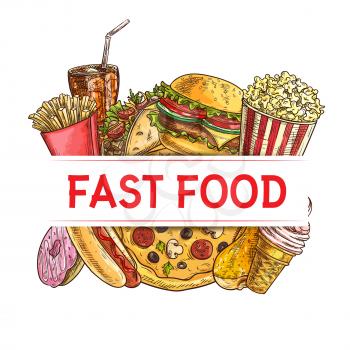 Fast food and drinks vector banner of burger, pizza and sausage hot dog, french fries, cheeseburger, chicken leg and soda, ice cream, donut, taco and popcorn. Fast food restaurant menu cover design