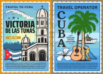 Cuba travel and tourism vector design of Cuban map, flag and island beach with Caribbean royal palm tree, guitar and parrot, mariposa flower, cruise ship, Roman Catholic church. Travel agency posters