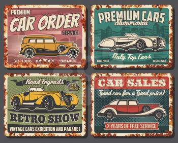 Retro cars vector vintage rusty metal plates. Rarity classic cars museum exhibition and old transport parade show, premium vehicles showroom, automobile sales and taxi order service