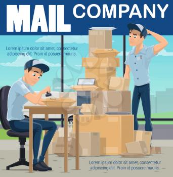 Post office, mail sorting center, postman sorting boxes and stamping envelope letters. Vector cartoon mailman at post warehouse. Parcels and order boxes, international express delivery service