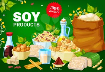 Soybean vector milk, tofu, miso sauce and oil, meat, skin and tempeh, soya plant sprouts and green pods, flour bag and noodles. Healthy vegetarian protein soybean food products