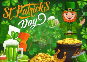 St. Patricks day, happy leprechaun smoking pipe and drinking beer. Vector bagpipes, pot of golden coins, lucky horseshoe, mug of beer, flag of Ireland. Shamrock green leaves holiday symbols