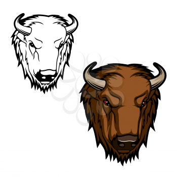 Bison animal head, head of brown bull or buffalo with horns. Vector wild mammal with aggressive muzzle. Symbol of zoo, wildlife and hunting sport club design